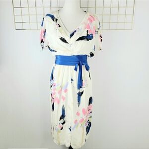 The Gilberts for Tally New York Pink Blue Abstract Print Midi 80s Vintage Dress